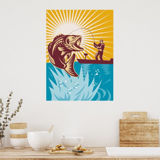 ラージムウスバスフィッシュフライフィッシャーマン魚釣り棒 ポスター (キッチン)