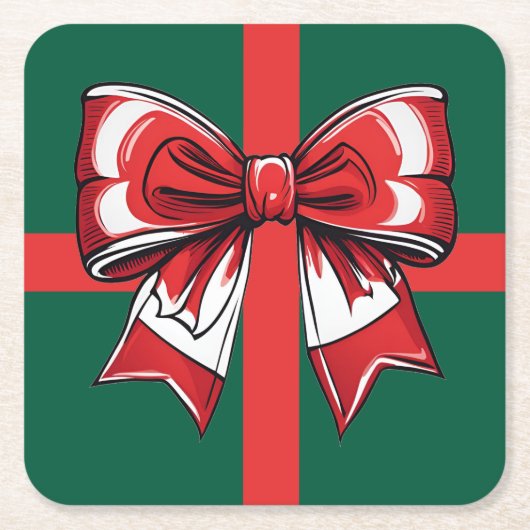 ラージレッドボウグリーンクリスマスデコーホリデーブライト スクエアペーパーコースター (正面)