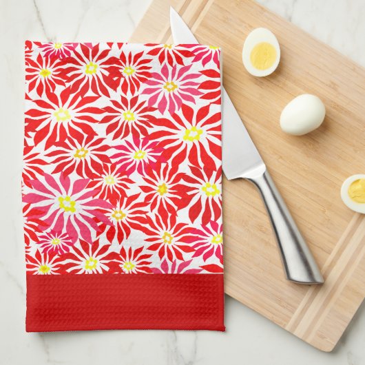 ラージレッドポインセチアレトロフローラルパターンキッチン キッチンタオル (四つ折り)