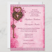 ラージロマンチックハートロックと鍵ピンク結婚ズ 招待状 (裏面)