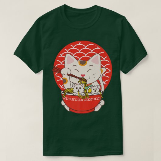ラーメおもしろいンシャツかわいいアニメ猫食べ麺 Tシャツ (デザイン正面)