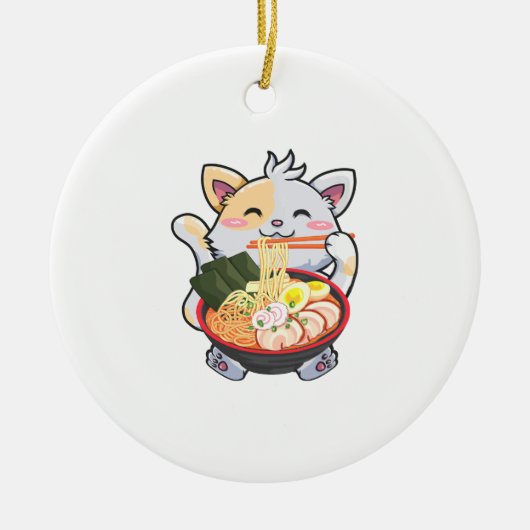 ラーメンおもしろい猫アニメかわいい日本のラーメン大好き セラミックオーナメント (正面)