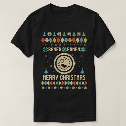 ラーメンおもしろい醜いクリスマスセーターヴィンテージレトロ Tシャツ (デザイン正面)