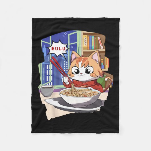 ラーメンかわいい猫アニメ フリースブランケット (正面)