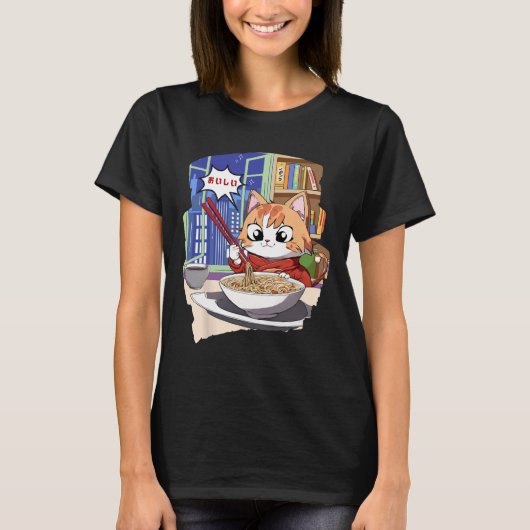 ラーメンかわいい猫アニメ Tシャツ (正面)