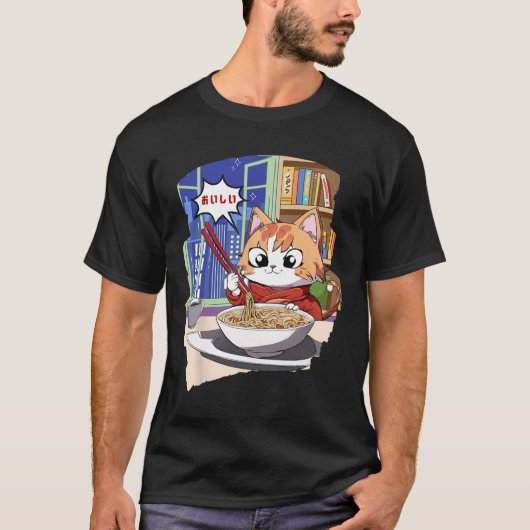 ラーメンかわいい猫アニメ Tシャツ (正面)