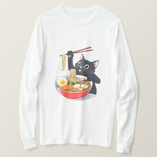「ラーメンでお腹をすかせた黒猫」 Tシャツ (デザイン正面)