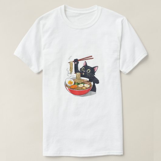 「ラーメンでお腹をすかせた黒猫」 Tシャツ (デザイン正面)