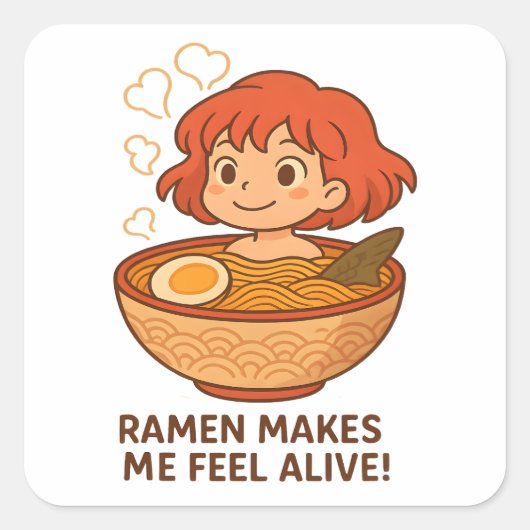 ラーメンで元気になれる！おもしろラーメン好き スクエアシール (正面)