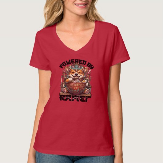 ラーメンで動くコーギー | かわいいコーギーのラーメン Tシャツ (正面)