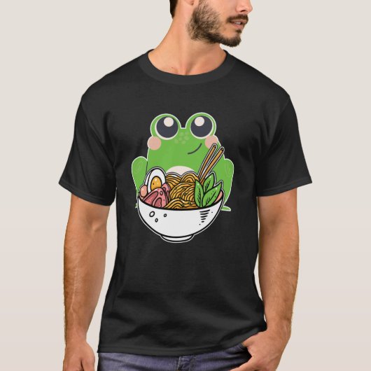 ラーメンとかわいいカエル麺日本の中毒 Tシャツ (正面)