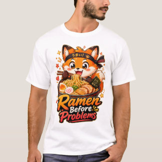 ラーメンと妄想に支えられた かわいいアニメ風デザイン Tシャツ