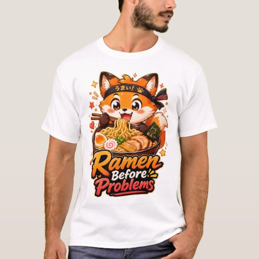 ラーメンと妄想に支えられた かわいいアニメ風デザイン Tシャツ (正面)