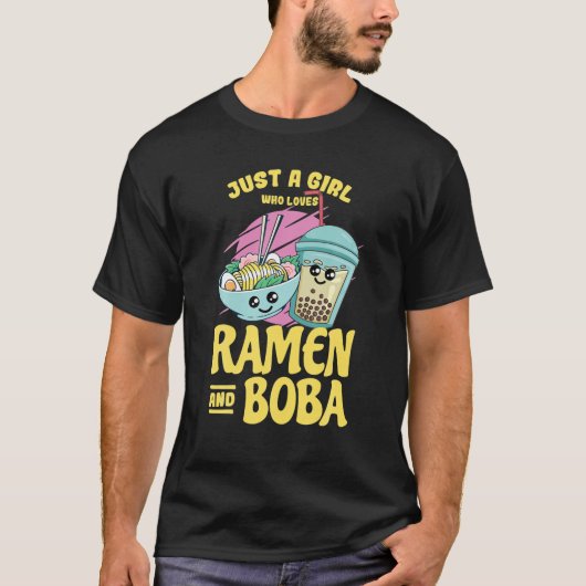 ラーメンと棒葉バブルティーが大好きな女の子 Tシャツ (正面)