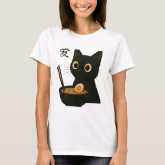 ラーメンを楽しめるかわいい黒猫おもしろいと – かわいい Tシャツ