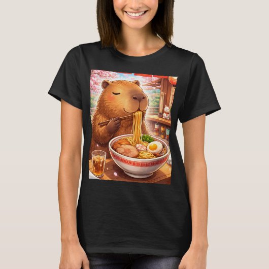 ラーメンを食べるかわいいカピバラ Tシャツ (正面)