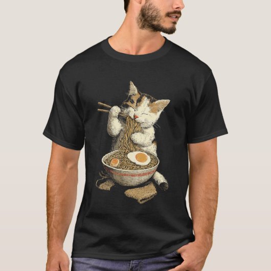 ラーメンを食べるかわいい猫 和風ラーメン Tシャツ (正面)
