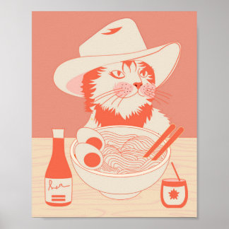 ラーメンを食べるカウボーイ猫 ポスター