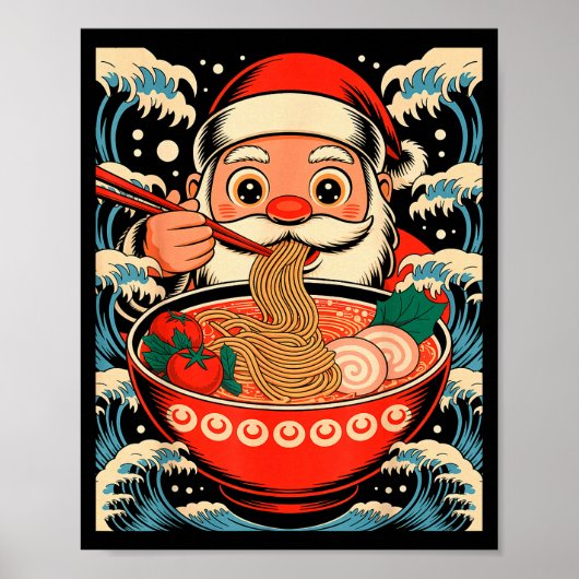 ラーメンを食べるサンタクロース 日本のクリスマス ポスター (正面)