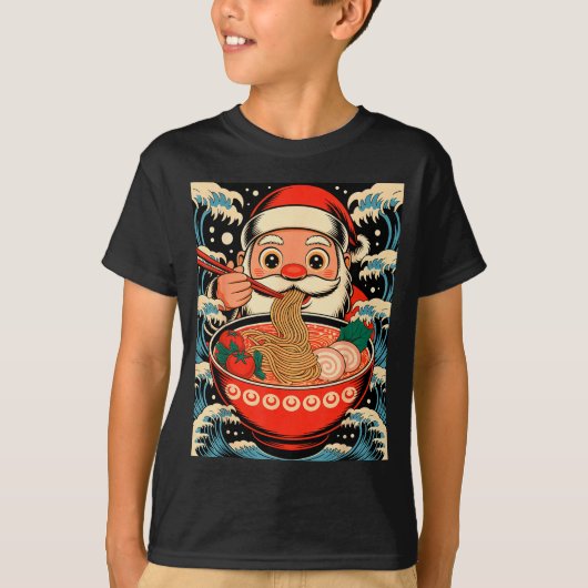 ラーメンを食べるサンタクロース 日本のクリスマス Tシャツ (正面)