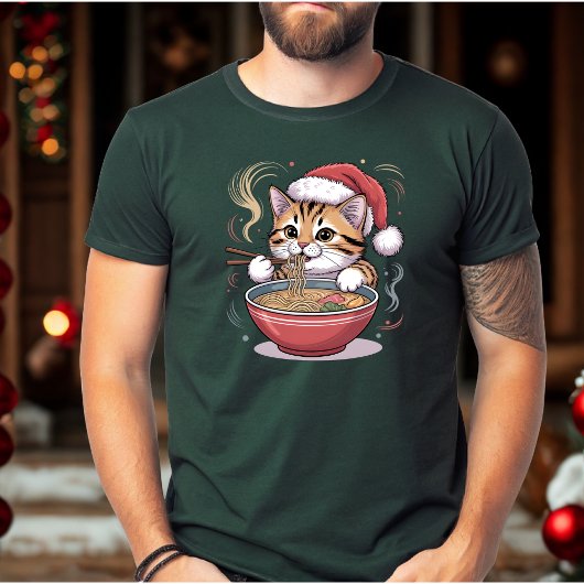 ラーメンを食べるサンタ猫 かわいいクリスマスキティ Tシャツ