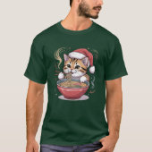 ラーメンを食べるサンタ猫 かわいいクリスマスキティ Tシャツ (正面)