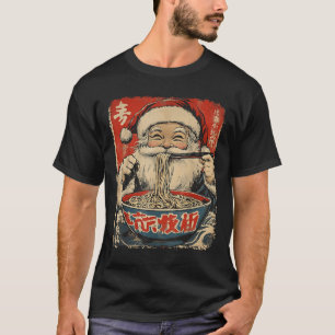 ラーメンを食べるサンタ 浮世絵風クリスマス Tシャツ
