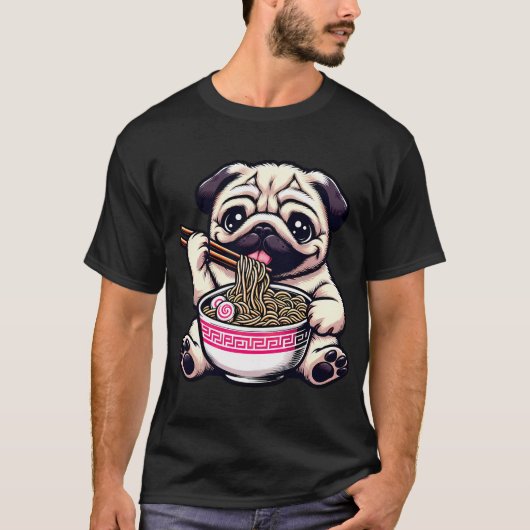 ラーメンを食べるパグのアニメ犬 Tシャツ (正面)