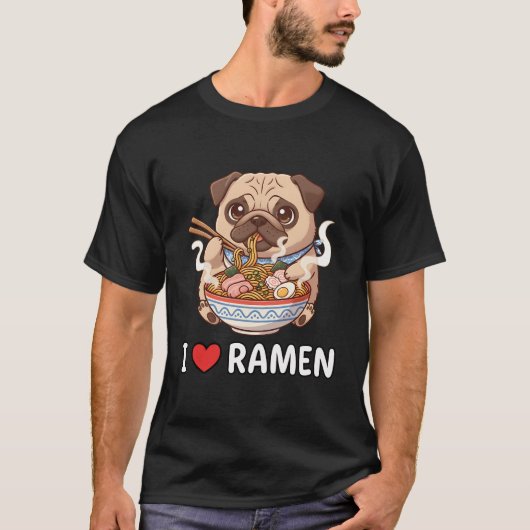 ラーメンを食べるパグの犬のアニメカワ Tシャツ (正面)