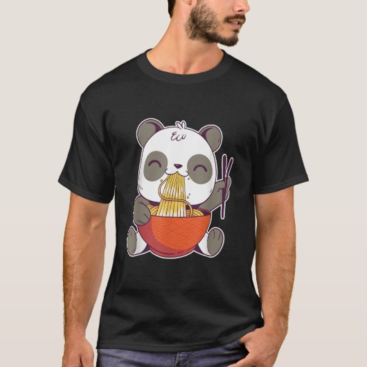 ラーメンを食べるパンダのアニメ Tシャツ (正面)
