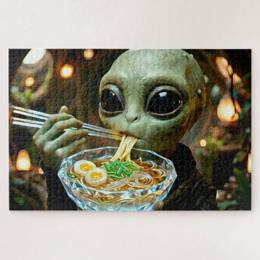 ラーメンを食べる宇宙人のモノグラム入り面白グッズ ジグソーパズル (横)