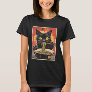 ラーメンを食べる猫 ビンテージ 和ポップアート ラーメン Tシャツ