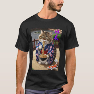 ラーメンを食べる猫 - ユニークで可愛い和風デザイン Tシャツ
