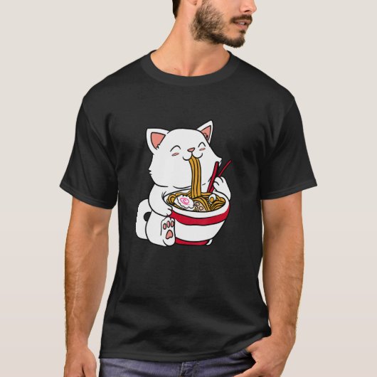 ラーメンを食べる猫 日本食 Tシャツ (正面)