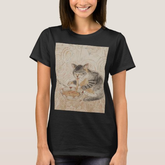 ラーメンを食べる老猫 Tシャツ (正面)
