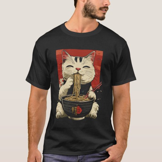 ラーメンを食べる面白い猫 Tシャツ (正面)