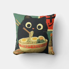 ラーメンを食べる面白い黒猫 クッション