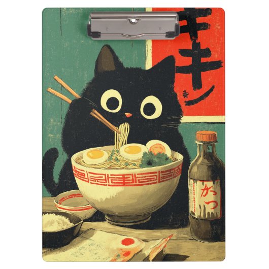 ラーメンを食べる面白い黒猫 クリップボード (正面)