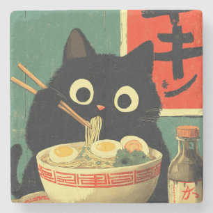 ラーメンを食べる面白い黒猫 ストーンコースター