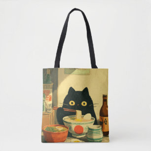 ラーメンを食べる面白い黒猫 トートバッグ