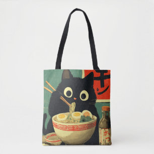 ラーメンを食べる面白い黒猫 トートバッグ