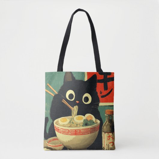ラーメンを食べる面白い黒猫 トートバッグ (正面)