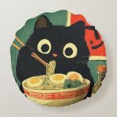 ラーメンを食べる面白い黒猫 ラウンドクッション (裏面)