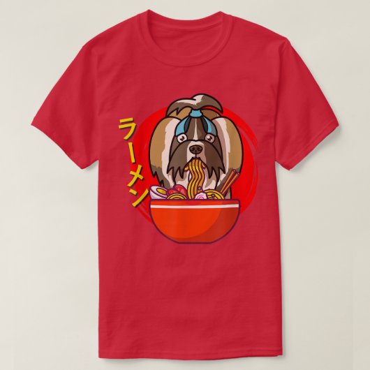 ラーメンシーズー(犬)津犬かわいい日本のラーメン麺 Tシャツ (デザイン正面)