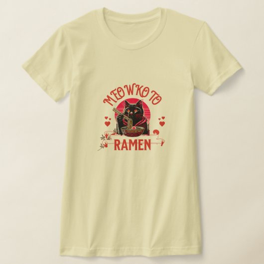 ラーメンタイムにゃ！かわいい黒猫 Tシャツ (レイダウン)