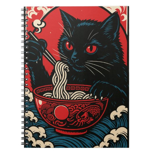 ラーメンネコノート日本浮世絵黒猫アニメ ノートブック (正面)