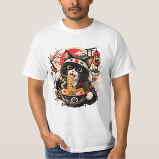 ラーメンネコ日本風デザイン - かわいい黒猫と麺 Tシャツ