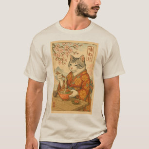 ラーメンネコ - ラーメンを楽しむ和風な猫 Tシャツ