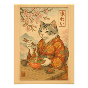 ラーメンネコ - ラーメンを楽しむ和風の猫 フォトプリント