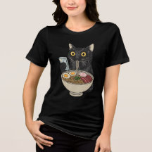 ラーメンネコTシャツ、可愛い黒猫ヌードルTシャツ